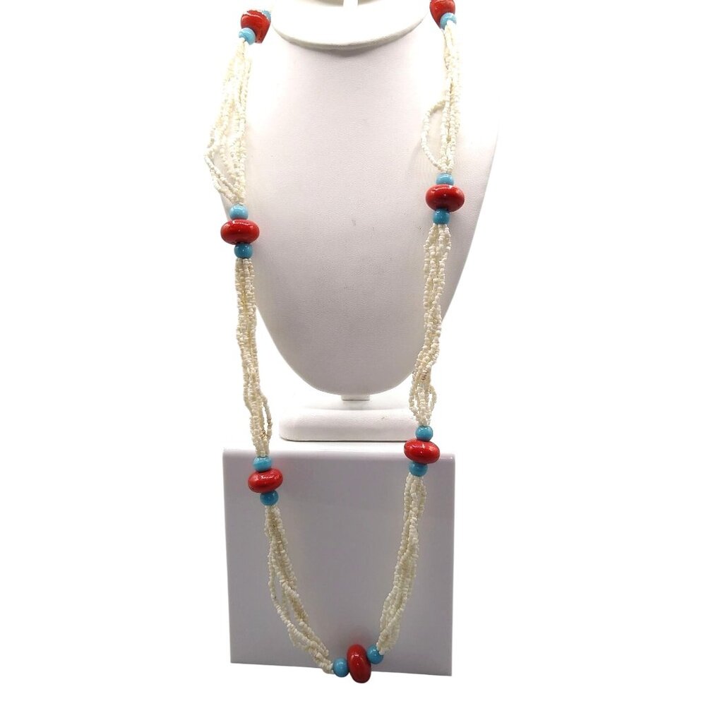 White Seed Beads Necklace with Glazed Ceramic Beads in Red and Blue, Patriotic